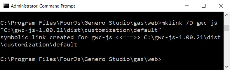 Image shows use of the mklink command to create a symbolic link from the GAS web directory to the dist/web in the project directory.