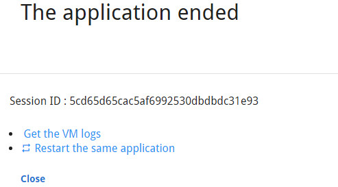 Screenshot of the application ending page, showing link to the VM log file.