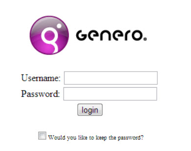 Genero login page showing username and password fields, a login button, and a checkbox asking would you like to keep the password