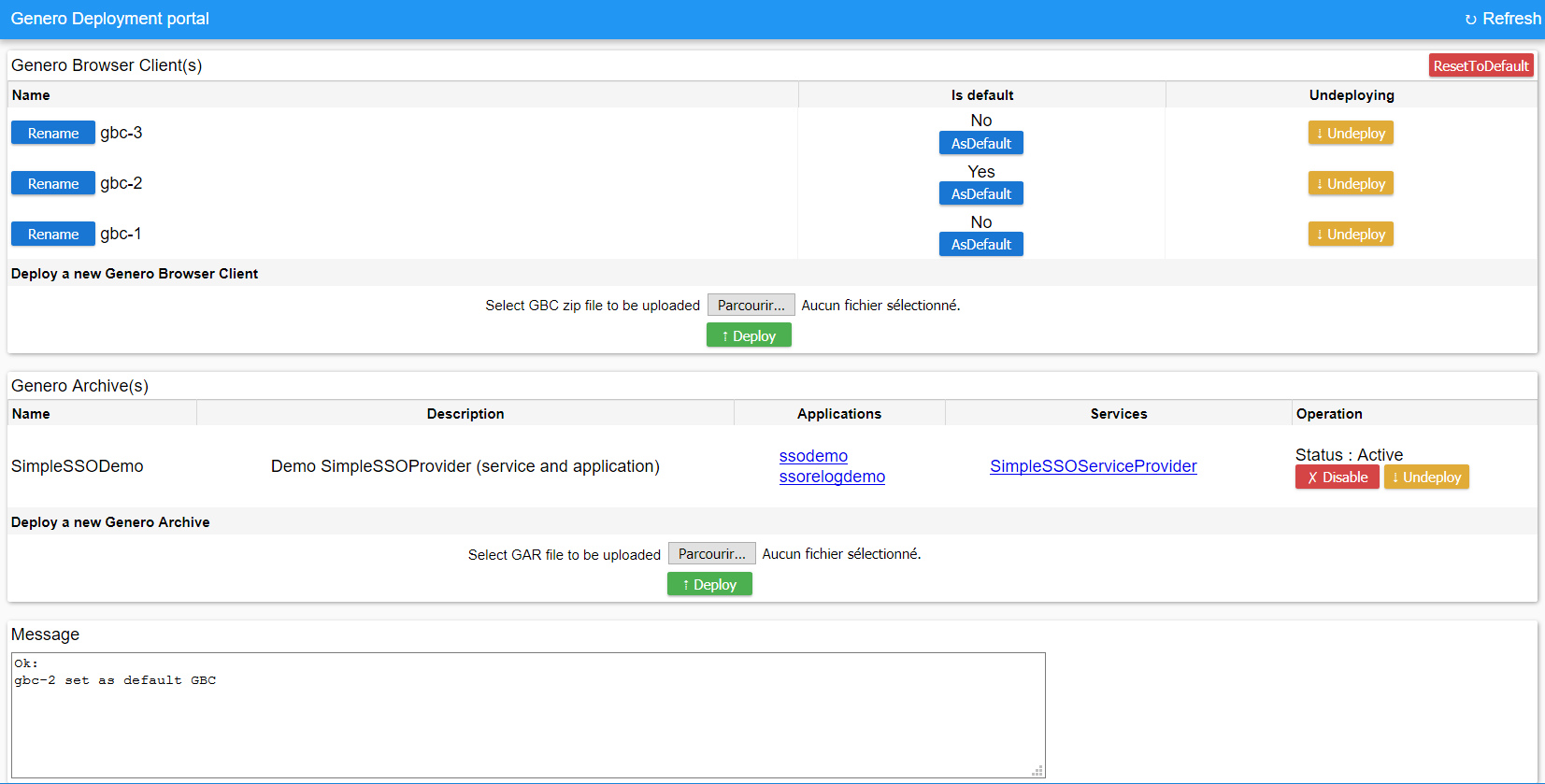 Genero Deployment user interface showing the GBC client and Genero Archives applications and services deployed in the GAS.