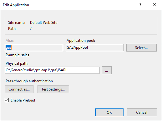 Internet Information Services (IIS) Manager application configuration edit screen