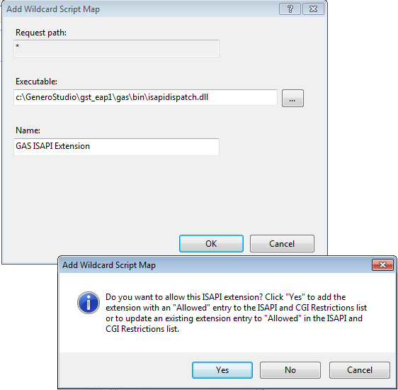 Internet Information Services (IIS) Manager script map configuration for GAS ISAPI extension with path to isapidispatch.dll