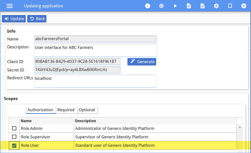 Screen shot of authorization scope page in Console App.