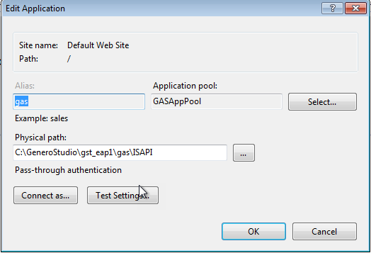 Internet Information Services (IIS) Manager application configuration edit screen