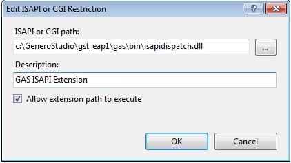Internet Information Services (IIS) Manager screenshot of ISAPI and CGI Restrictions configuration for GAS ISAPI extension.