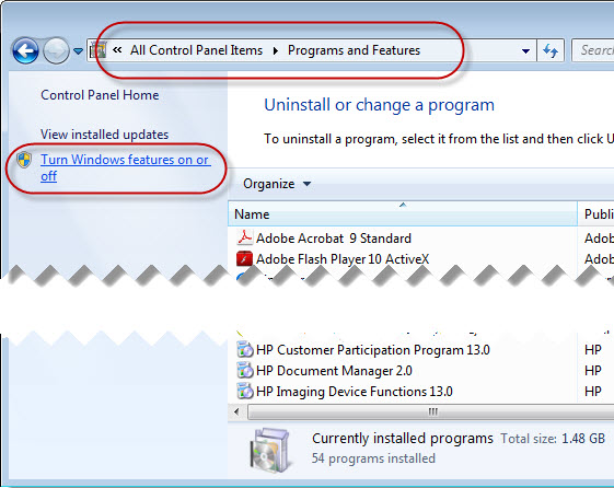 Turn Windows features on or off screenshot