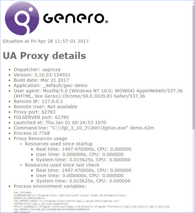 Screenshot shows statistics and information for sessions running in an uaproxy