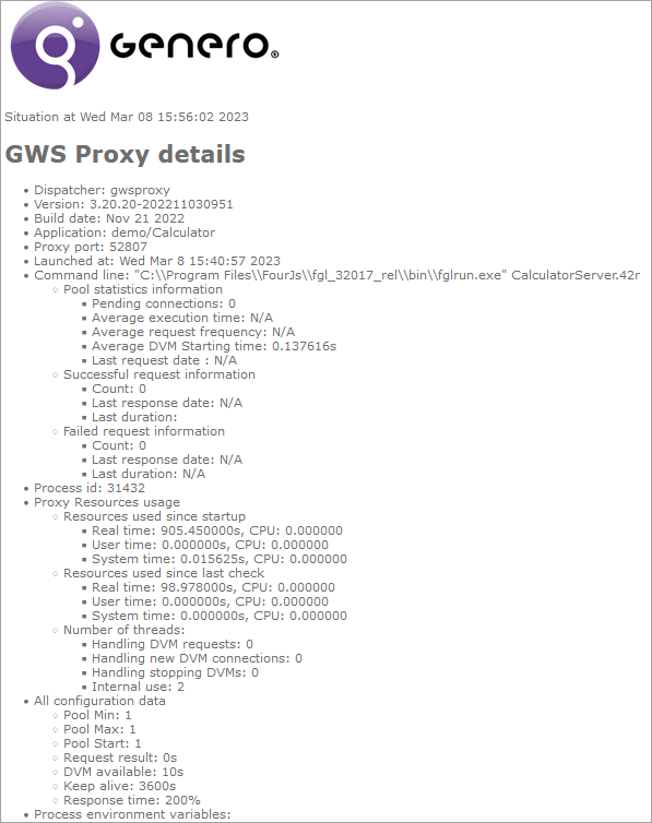 Screenshot shows statistics and information for sessions running in a gwsproxy