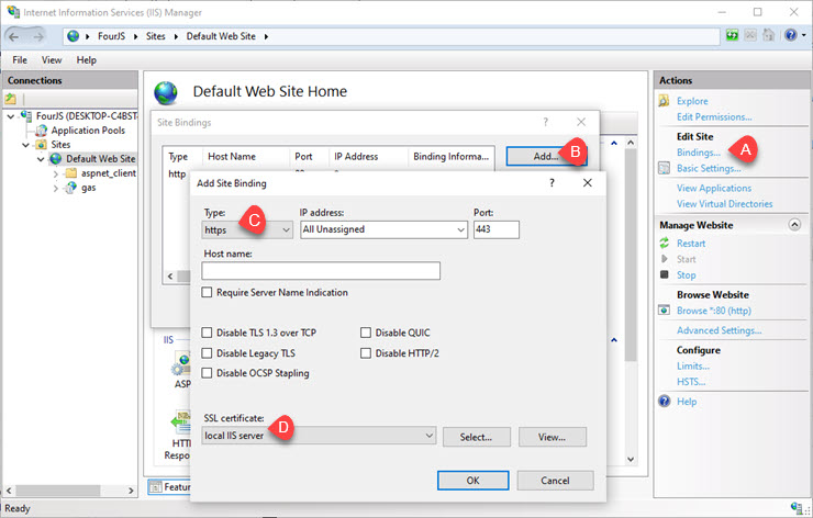 Internet Information Services (IIS) Manager Features View showing the steps for binding the default Web site for HTTPS using a self-signed certificate