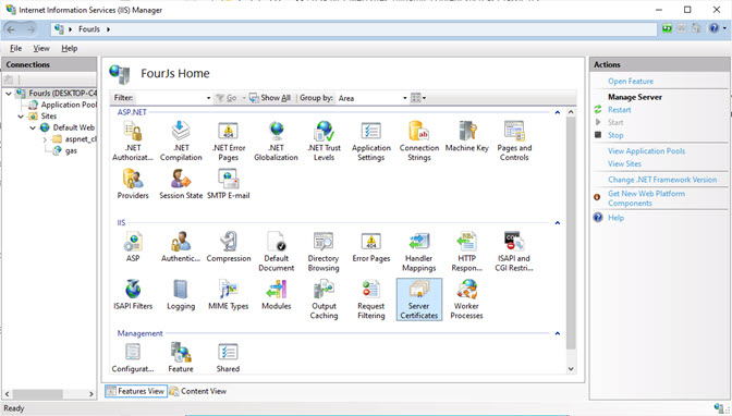 Internet Information Services (IIS) Manager Features View showing the Server Certificate option selected