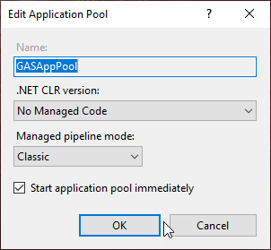 Image shows the recommended application pool configuration settings for GAS