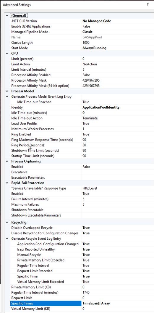 Image shows the recommended pool configuration settings for GAS app pool