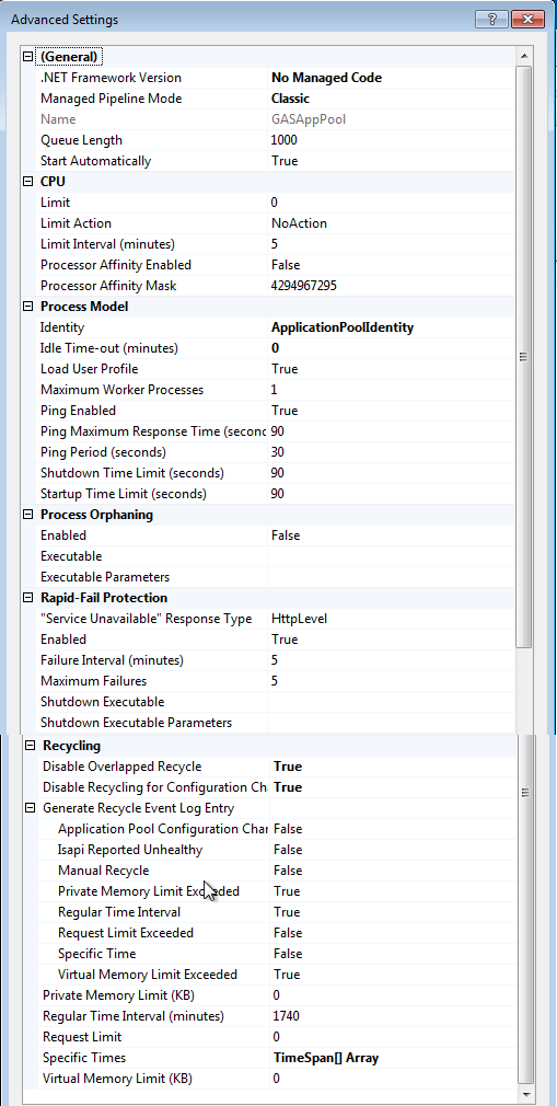 Image shows the recommended pool configuration settings for GAS app pool