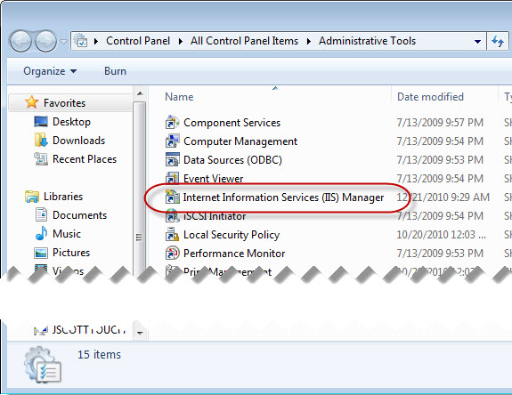 Internet Information Services in Administrative Tools screenshot