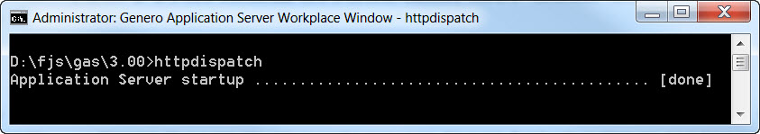 Screen shot of Genero Application Server Workplace Window with the httpdispatch Application Server started.