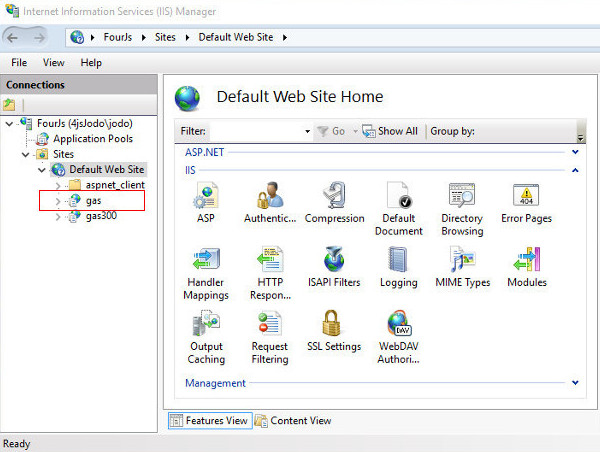 Internet Information Services (IIS) Manager Default Web Site Home screen showing application ("gas") added and highlighted