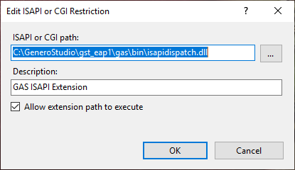 Internet Information Services (IIS) Manager screenshot of ISAPI and CGI Restrictions configuration for GAS ISAPI extension.