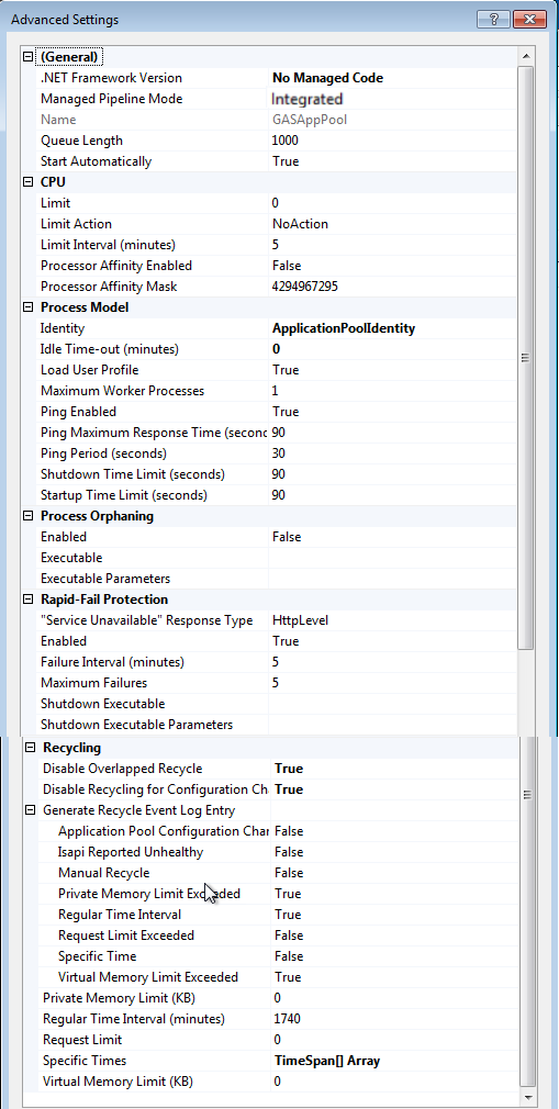 Image shows the recommended pool configuration settings for GAS app pool