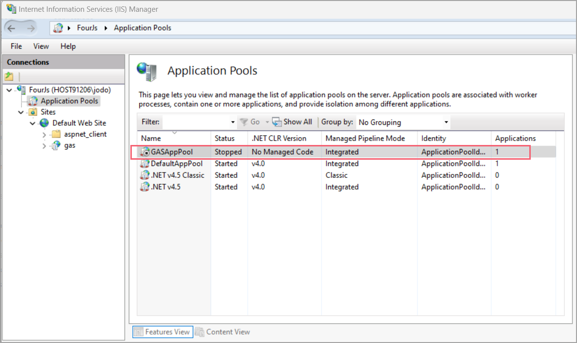 Internet Information Services (IIS) Manager Features View screenshot of Application Pools showing the application pool, "GASAppPool", added and highlighted