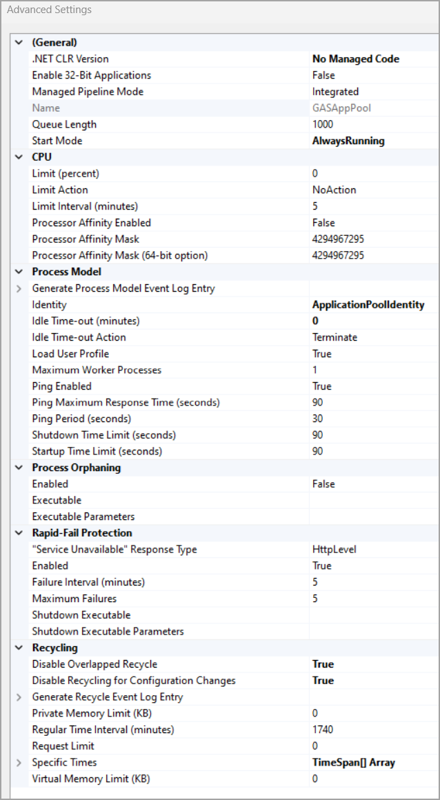 Image shows the recommended pool configuration settings for GAS app pool