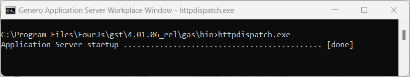 Genero Application Server Workplace Window with the httpdispatch Application Server started.