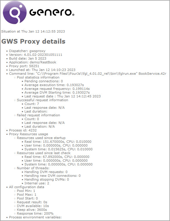 Screenshot shows statistics and information for sessions running in a gwsproxy