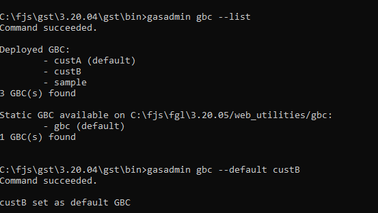 Screenshot: result of running the --list command and the --default change on the GAS.