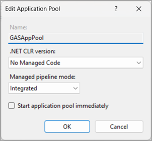 Image shows the recommended application pool configuration settings for GAS