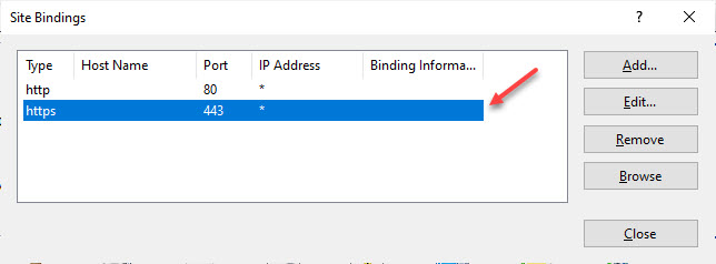 Internet Information Services (IIS) Manager Features View showing the site binding for the default Web site for HTTPS on the default port 443