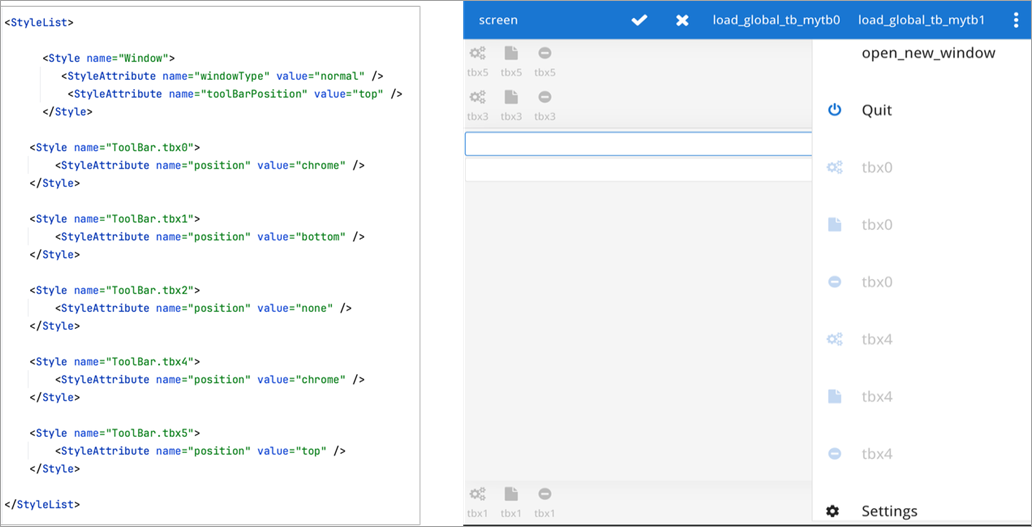 Two images are shown. The image on the left shows style configurations for various toolbars using the position attribute. The image on the right shows the application screen with toolbars.