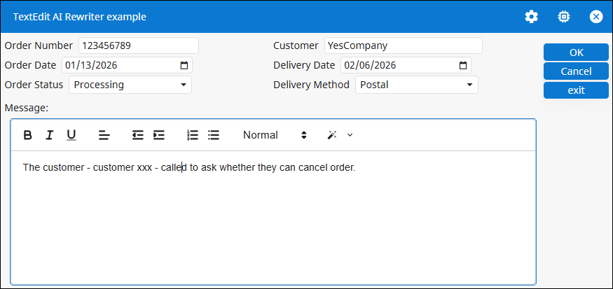 Form showing text in a textedit field that has been set up for AI rewrite.