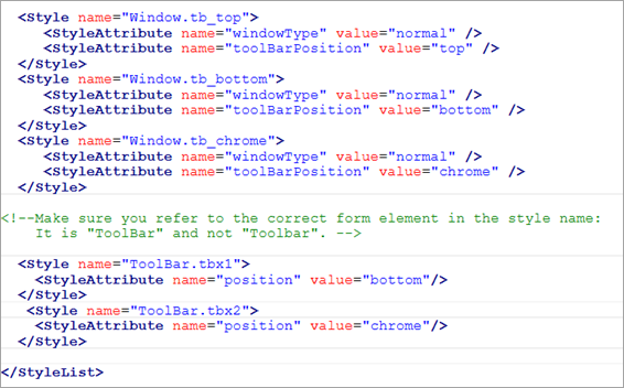 The image shows style configurations for window styles using the "toolBarPosition" attribute and toolbars using the "position" attribute