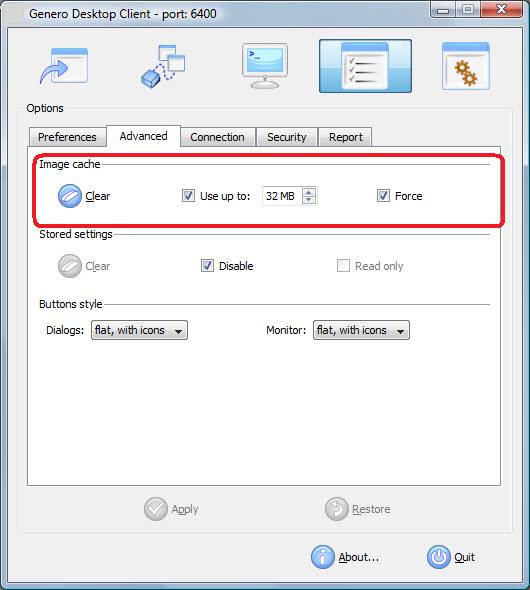 This figure shows a screen shot of the Genero Desktop Client in Administrative Mode, Options selected, Advanced Tab, Image cache section hightlighted.