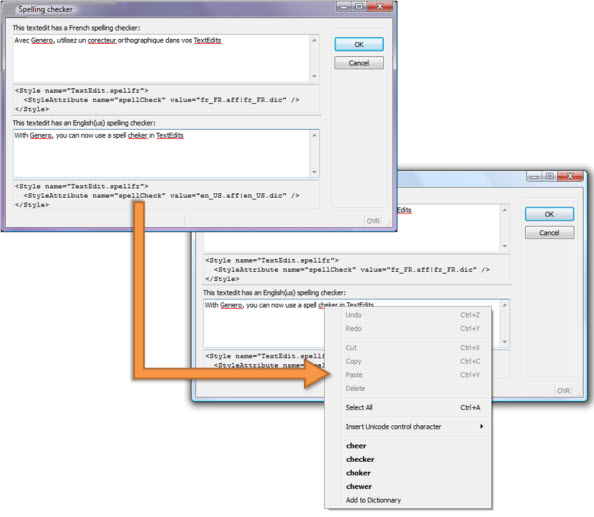 The figure shows examples of the contextual menu showing alternate spellings of the questionable term.