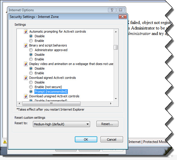 This figure is a screen shot of Security Settings - Internet Zone, with Prompt selected under Download signed ActiveX controls.