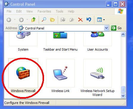 This figure is a screen shot of the Windows Control Panel with the Windows Firewall icon highlighted.
