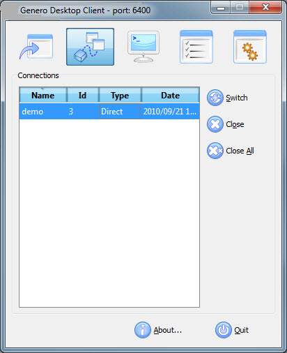 The figure is a screenshot of the Genero Desktop Client Connections panel. The paragrah that precedes this figure describes the content of the figure.