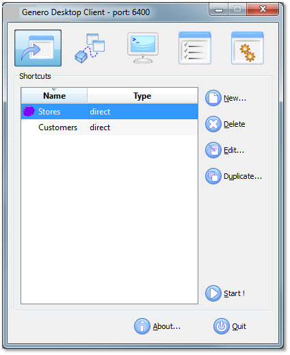 The figure is a screen shot of the Genero Desktop Client in Administrative Mode with the Shortcuts panel selected.