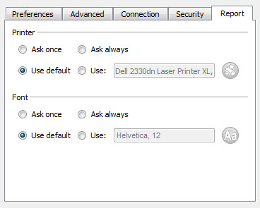 This figure is a screen shot of the Genero Desktop Client in Administrative Mode showing options in the Report Tab.