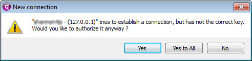 The figure is a screenshot of a Security Connection Message with the option to authorize or reject the connection.
