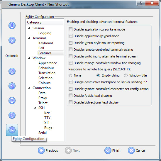 The figure shows Panel 7 of the Genero Desktop Client shortcut wizard, Fgltty Configuration.