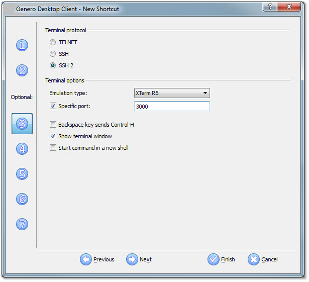 This figure shows panel three of the Genero Desktop Client shortcut wizard, with SSH2 selected and port 3000 specified in the Specific port field.