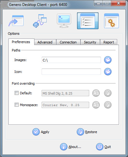 The figure is a screen shot of the Genero Desktop Client in Administrative Mode, showing options in the Preferences Tab.