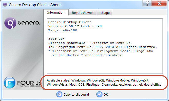 The screen shot shows the list that is provided in the message area of the About window, when on the Information tab.