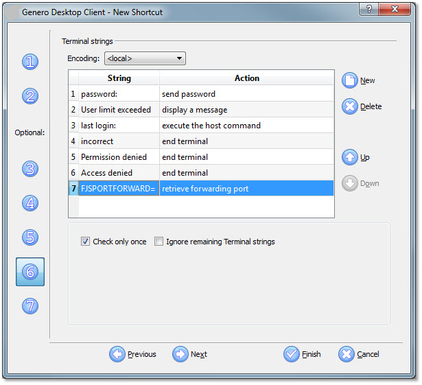 The figure shows panel seven of the Genero Desktop Client shortcut wizard with the following entry highlighted: a String of "FJSPORTFORWARD=" and an Action of "retrieve forwarding port."