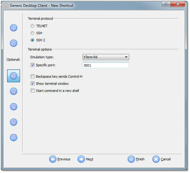 This figure shows panel three of the Genero Desktop Client shortcut wizard, with SSH2 selected and port 3001 specfied in the Specific port field.