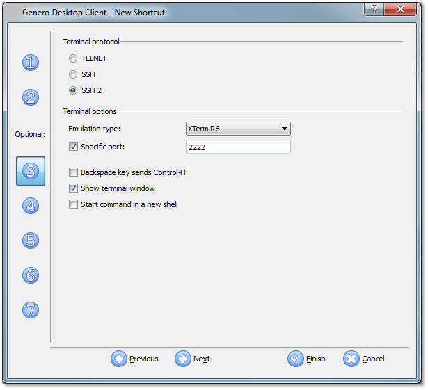 This figure shows panel three of the Genero Desktop Client shortcut wizard with SSH 2 selected and port 2222 specified in the Specific port field.