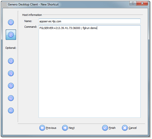 This figure shows panel two of the Genero Desktop Client shortcut wizard, with appserver.4js.com as the hostname and FGLSERVER variable set to 213.39.41.73:36000 ; fglrun demo.