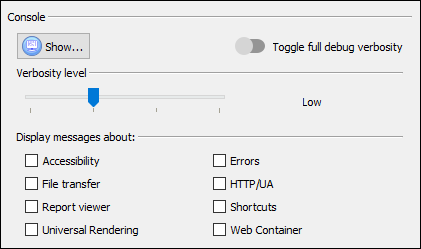 Screen capture of Console configuration in the Debug panel