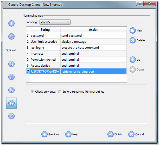 The figure shows panel seven of the Genero Desktop Client shortcut wizard with the following entry highlighted: a String of "FJSPORTFORWARD=" and an Action of "retrieve forwarding port."